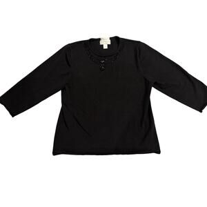 CJ Banks Black Stretch Top 1X Beaded Neckline Long Sleeve